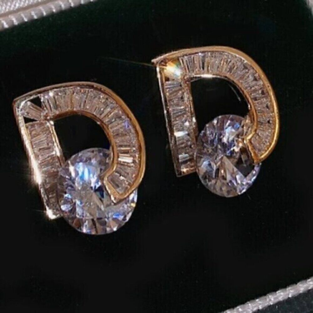 Gold Shiny  Zircon Letter D Stud Earrings Elegant